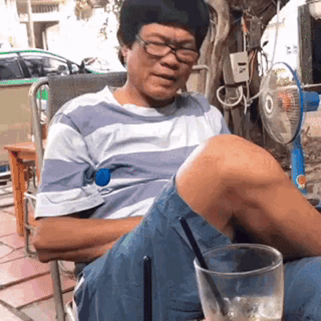 a man wearing glasses is sitting in a chair with his legs crossed and a glass of water in front of him .