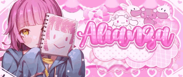 a girl with pink hair is holding a notebook with a drawing of a smiley face on it