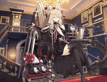 a woman in a black dress sits on a throne with a sword