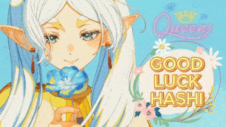 a greeting card that says good luck hashi with a girl holding a flower