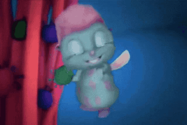 a cartoon character with a pink hat is standing in front of a curtain