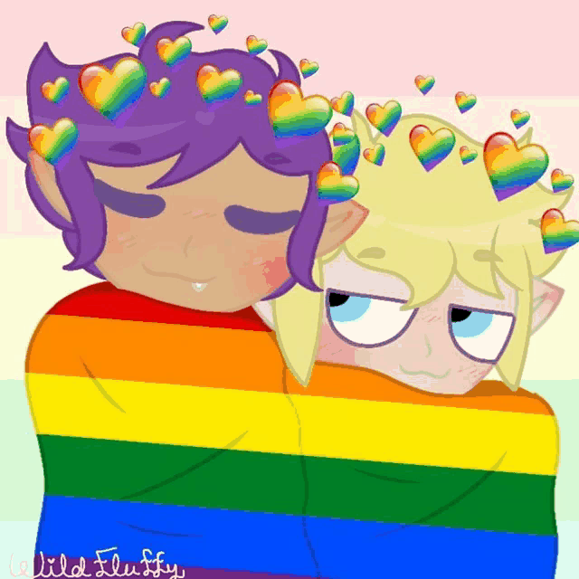 a drawing of two boys wrapped in a rainbow flag with hearts on their heads by wild fluffy