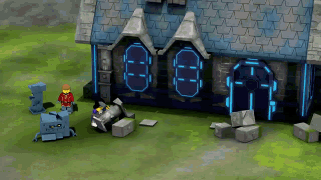 a lego figure stands in front of a building with a blue door that says ' i ' on it