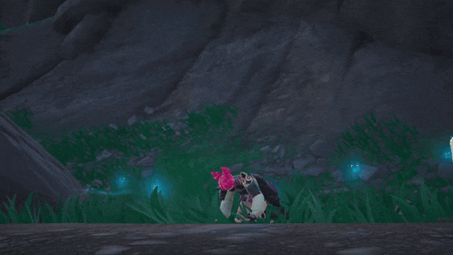 a video game character with a pink flower on her head is crawling in the grass