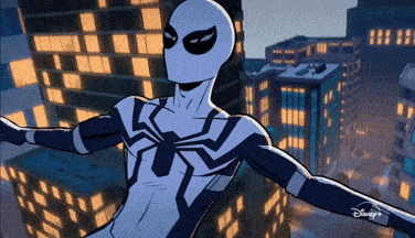 a cartoon of a spider man flying over a city with disney + written on the bottom right