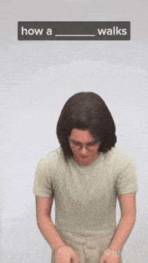 a man with long hair and glasses is standing in front of a white background with the words how a zombie walks above him