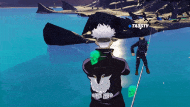 a man is fishing in a video game with ta3stv in the upper left corner