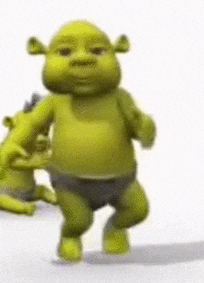 shrek from the movie shrek is dancing on a white surface .