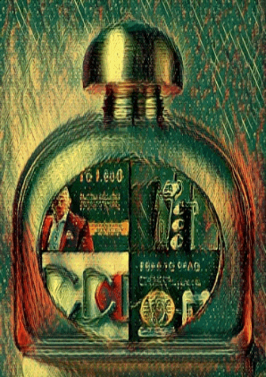 a painting of a perfume bottle with a man in a suit and the number 10,000 on the top