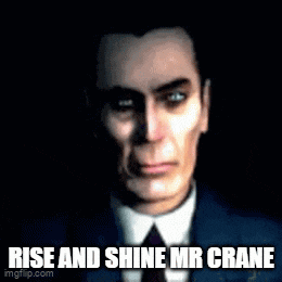 a man in a suit and tie with the words rise and shine mr crane on the bottom