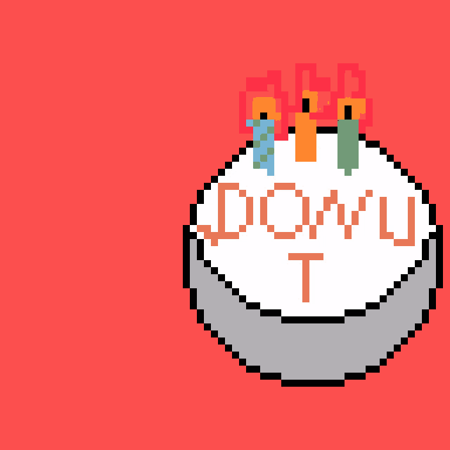 a pixel art drawing of a birthday cake with the word domu written on it