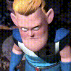a close up of a cartoon character wearing a blue suit