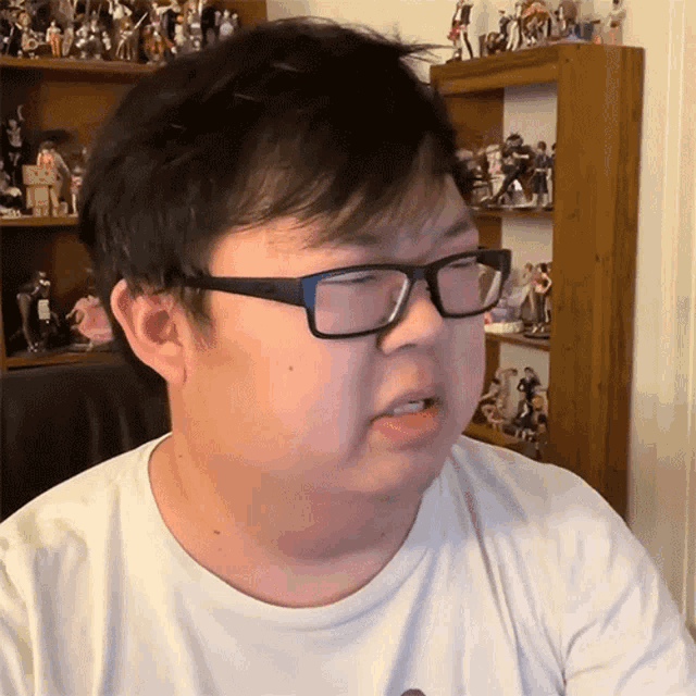 a man wearing glasses and a white shirt is sitting in front of a shelf full of figurines