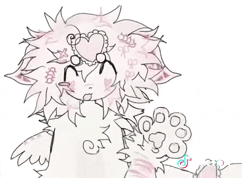 a drawing of a cat with pink hair and a heart on her head