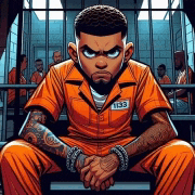 a cartoon of a man in a jail cell with tattoos on his arms and legs .