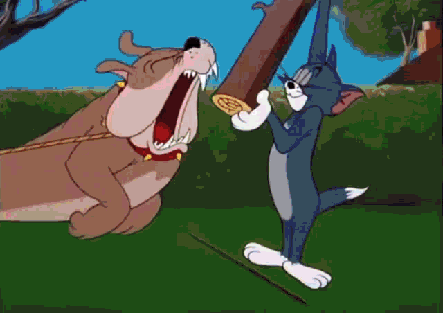 a cartoon of a cat and a dog playing with a stick