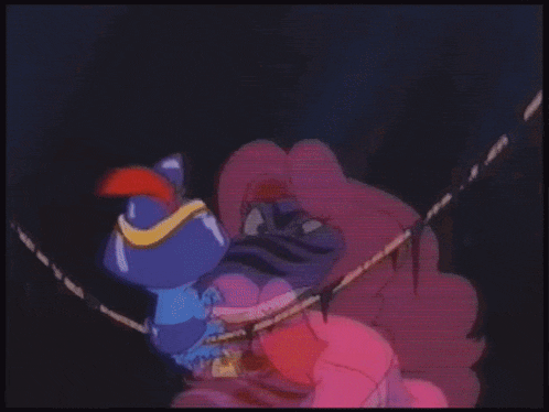 a purple and pink cartoon character with a star on his chest