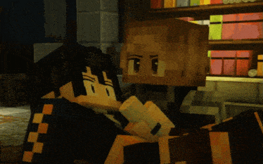 a couple of minecraft characters hugging each other in front of a bookshelf