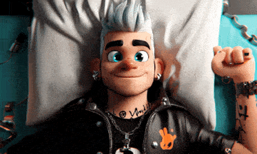 a cartoon character with a tattoo on his neck that says " i love you "