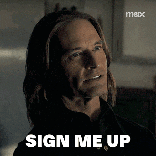 a man with long hair says " sign me up " in front of a max logo