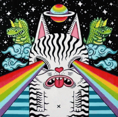 a cartoon drawing of a cat with a rainbow coming out of its mouth