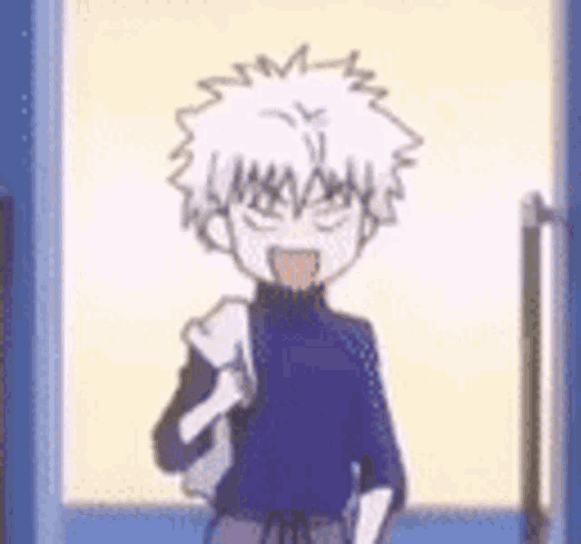 a cartoon boy with white hair is standing in front of a door holding a bag .
