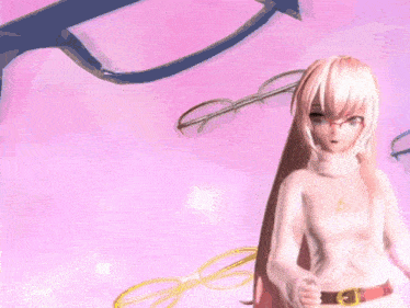 a girl with long pink hair and glasses is wearing a white sweater