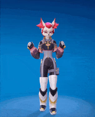 a cartoon character with pink hair and white boots is standing on a blue background
