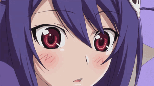a close up of a girl 's face with a purple hair and red eyes