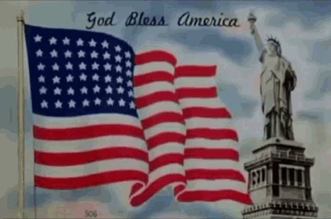 a postcard with an american flag and the statue of liberty says " god bless america "