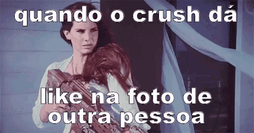 a woman holding a gun with the words " quando o crush da like na foto de outra pessoa " below her