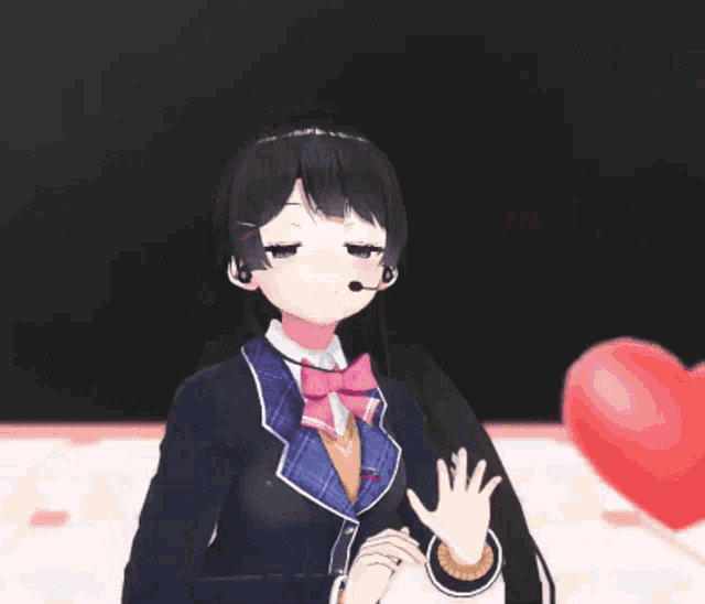 a girl in a school uniform is waving her hands in front of a heart