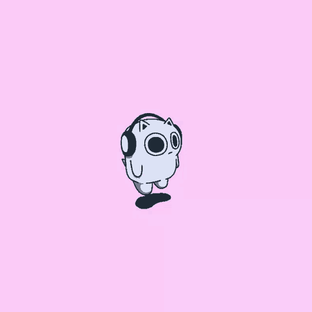 a cartoon character wearing headphones is walking on a pink background