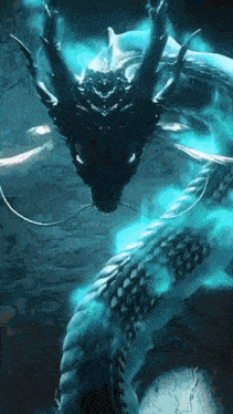 a painting of a dragon with glowing eyes and a long tail