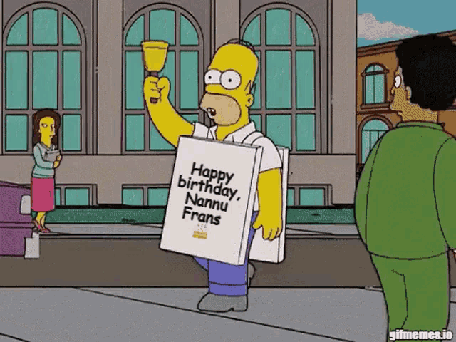homer simpson from the simpsons is holding a wine glass and a bag that says happy birthday nannu frans