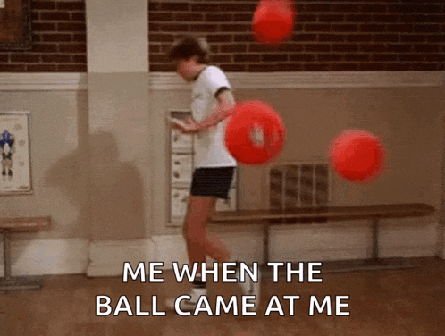 a person is jumping in the air with the words me when the ball came at me