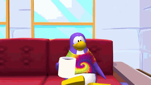 a penguin with a tie dye shirt is sitting on a couch holding a roll of toilet paper