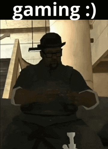 a man with glasses and a hat is playing a video game with the word gaming written above him