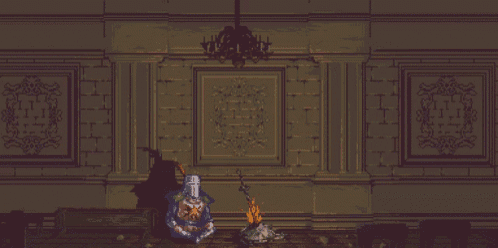 a pixel art of a knight sitting in front of a wall