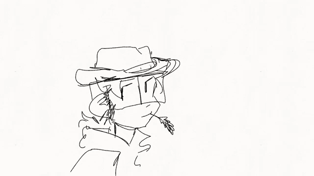 a black and white drawing of a man in a hat holding a flower