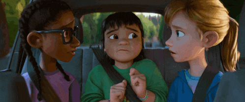 three cartoon girls are sitting in the back seat of a car talking to each other
