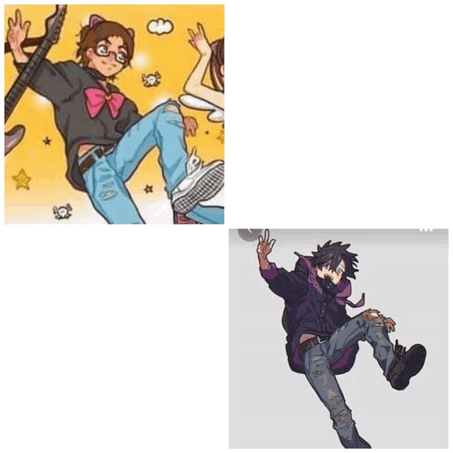 a cartoon of a girl with a guitar and a cartoon of a boy with glasses