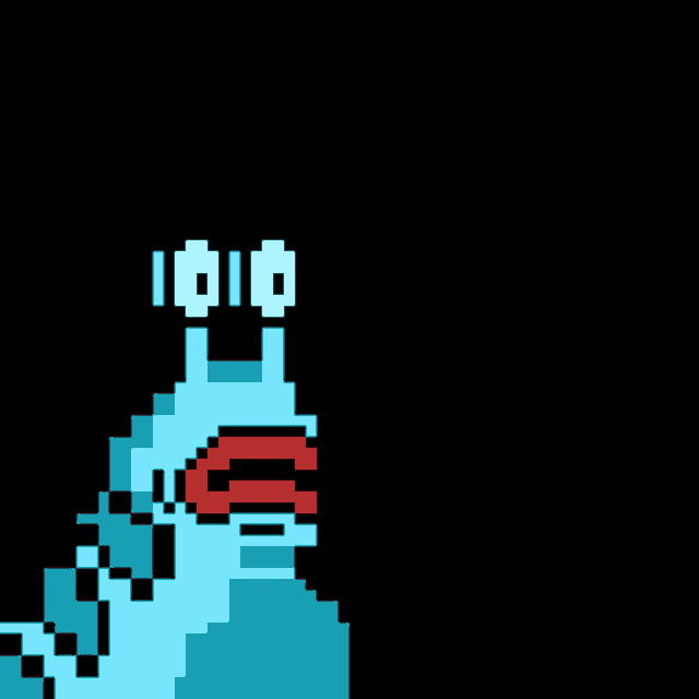 a pixel art drawing of a blue monster with a red question mark in the corner