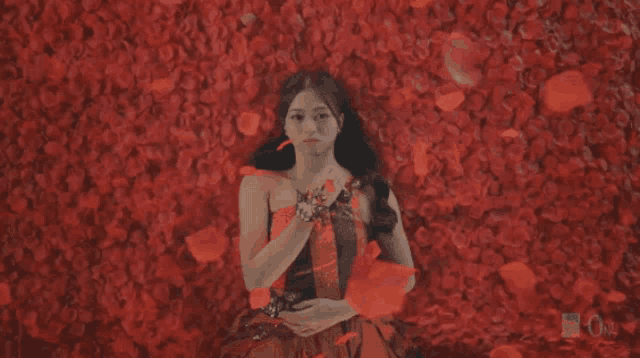 a woman in a red dress is laying in a bed of roses