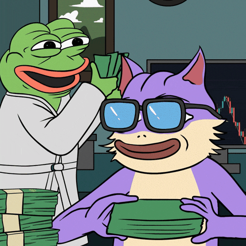 a cartoon of a frog and a cat with glasses holding money