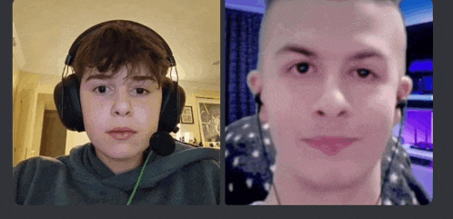 a boy wearing headphones looks at the camera while another boy looks at the camera
