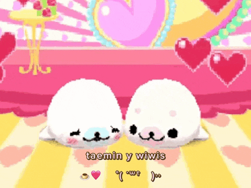two seals are laying next to each other with the words taemin y wiwis written on the bottom