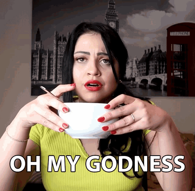 a woman holding a bowl of food with the words oh my godness written below her
