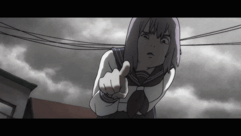 a girl with purple hair is pointing her finger at the camera