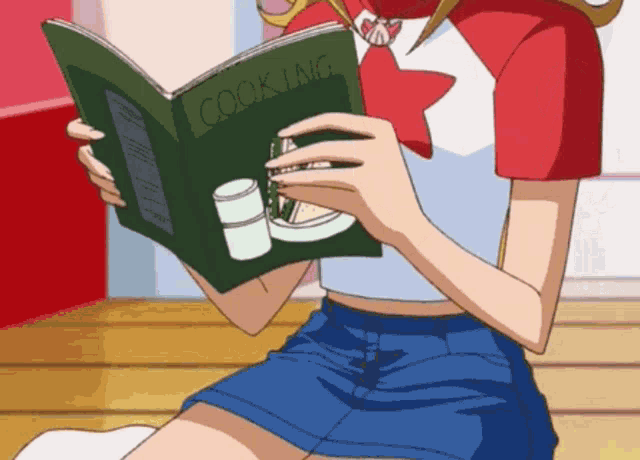 a girl in a blue skirt is reading a book about cooking